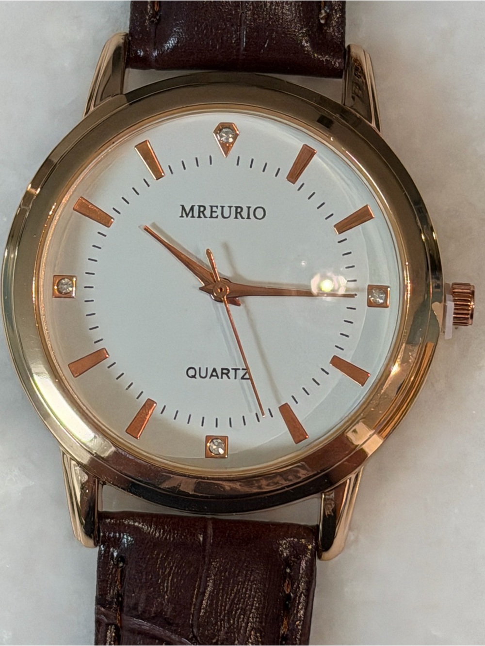 Mreurio Men's Gold Case White Dial Brown Leather Strap Quartz Watch